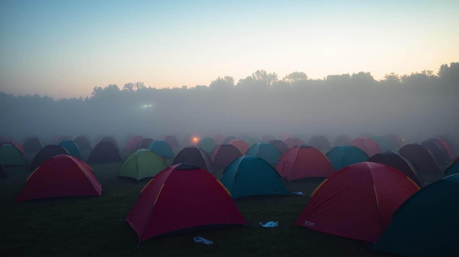 Festivaltelte i morgendis på en dansk festivalcamping