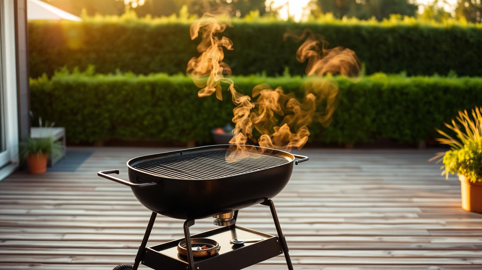 Tændt grill på en dansk sommerterrasse foran en hæk