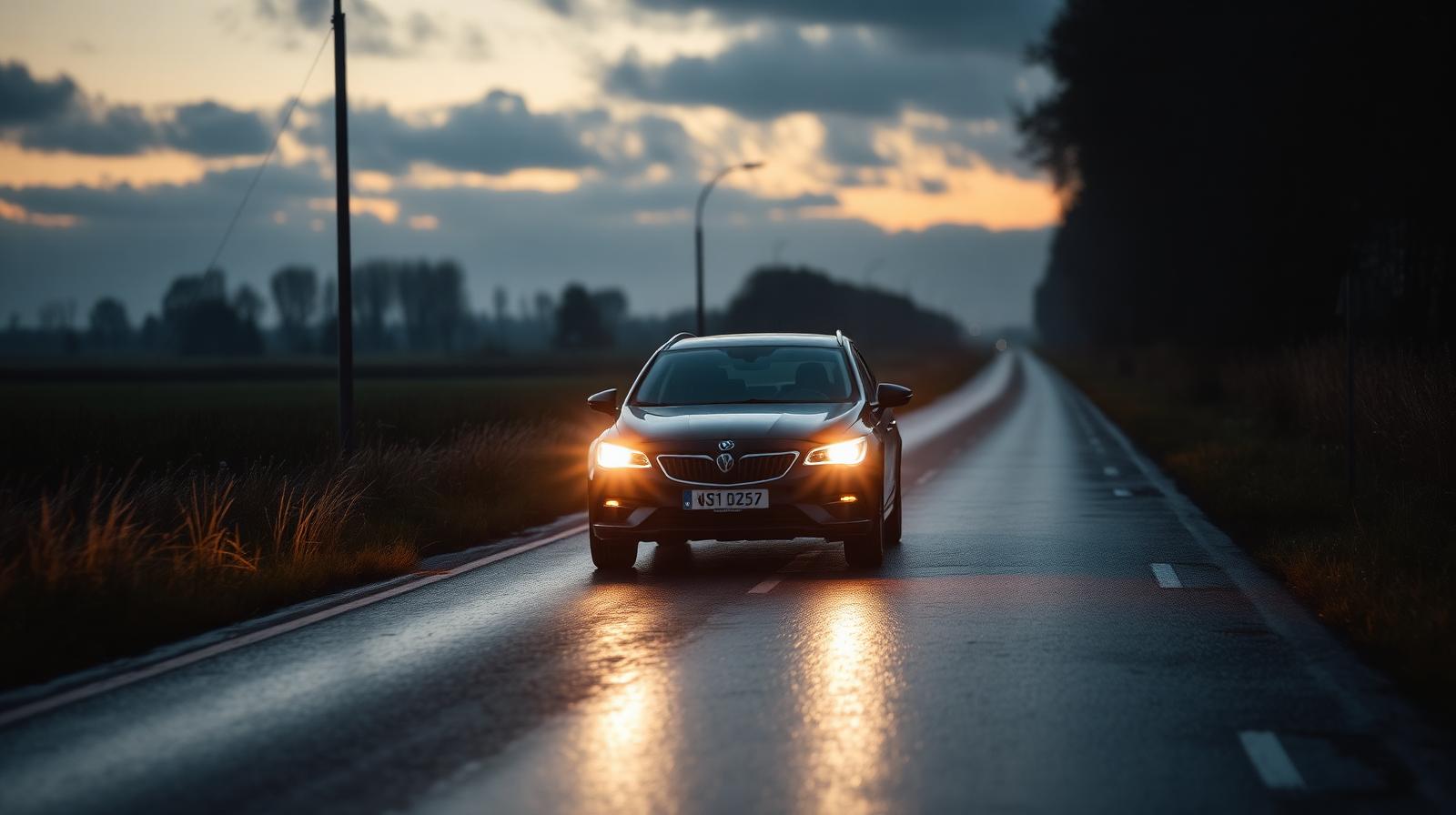 Bil på våd dansk landevej i skumring i sen september