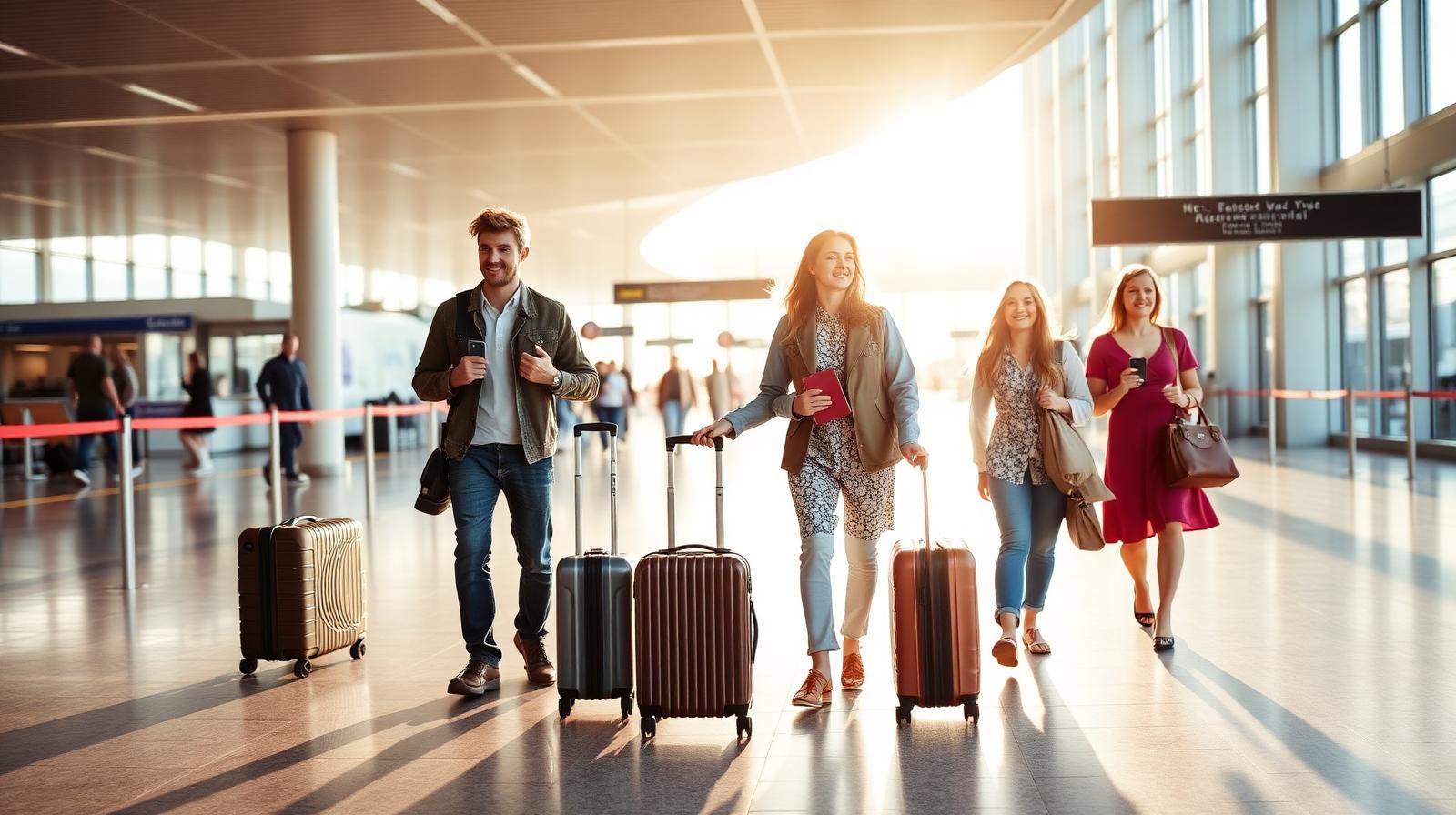 Familie med kufferter i en lufthavn på vej på sommerferie