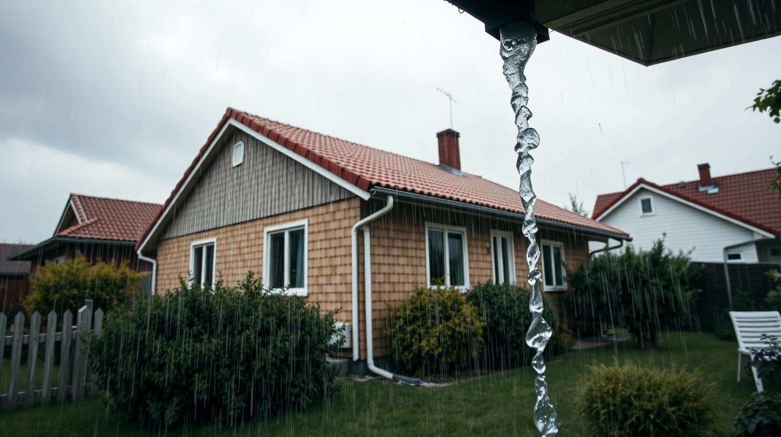 Kraftig sommerregn falder ned over et dansk parcelhus