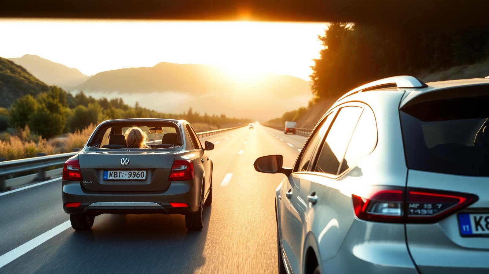 Pakket familiebil på en europæisk motorvej i eftermiddagssol